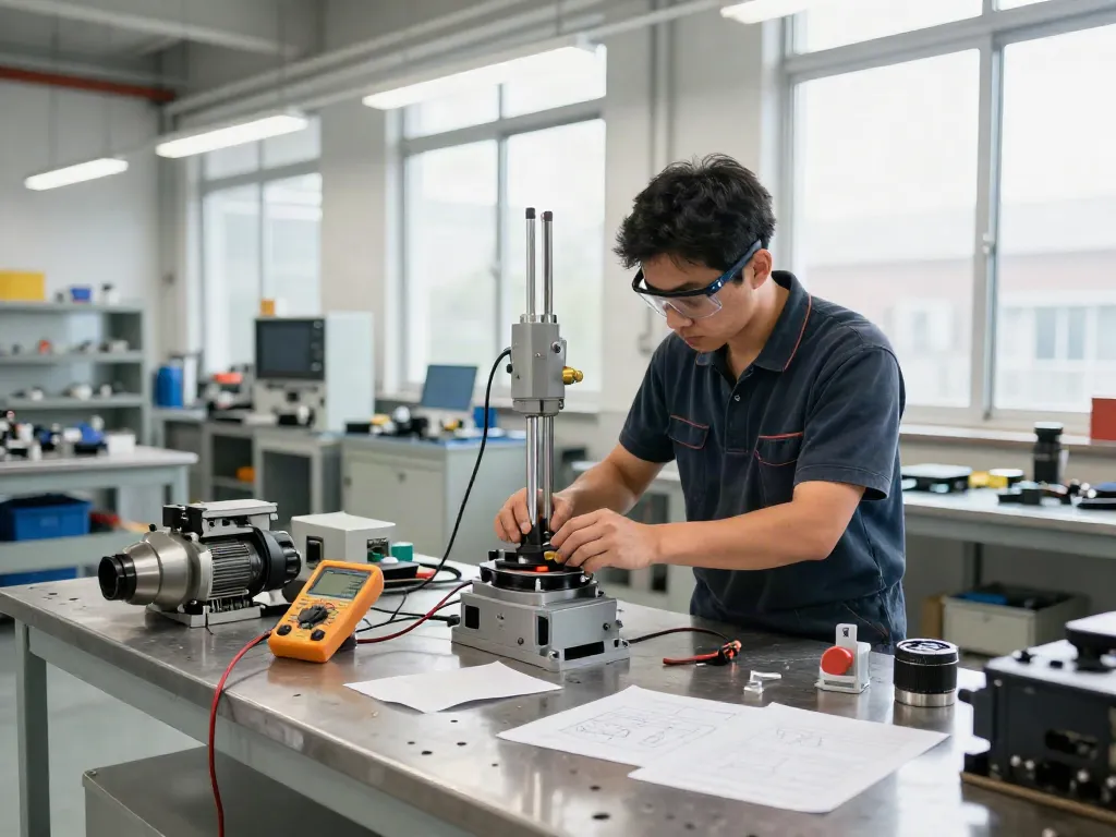 Technician calibrating a mechanical vacuum switch in an industrial workshop environment.