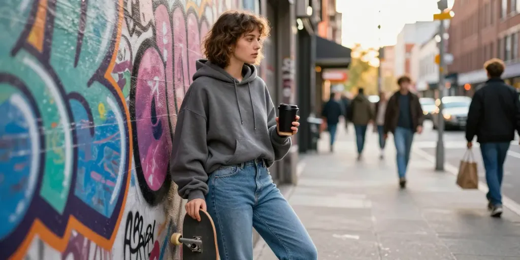 The rokok88 lifestyle captured in a trendy urban scene with a young person in stylish streetwear.