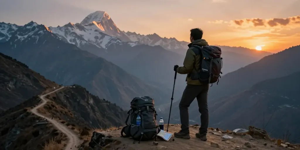 Viajero en el Manaslu Circuit Trek disfrutando del paisaje montañoso al atardecer.