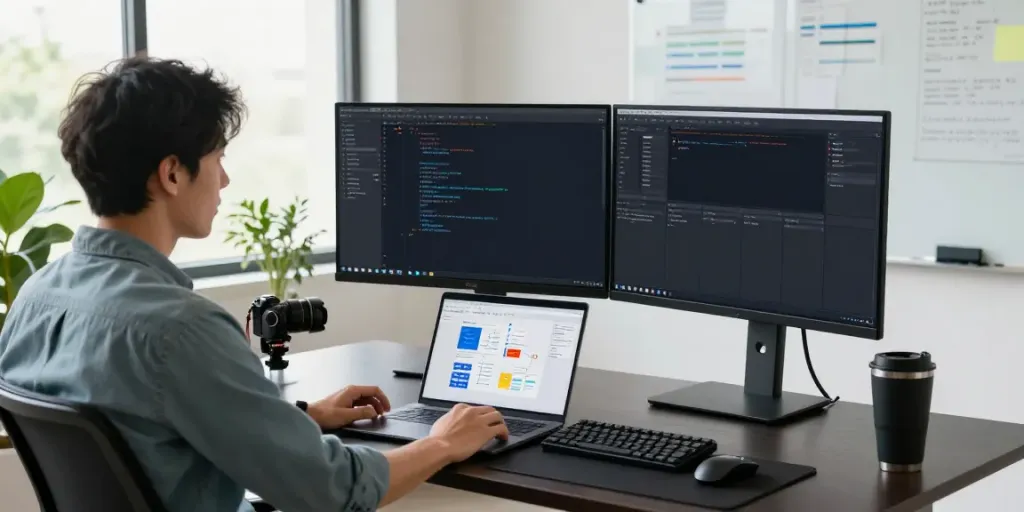 Sponsored software articles workspace with developer coding and project notes for software creation.