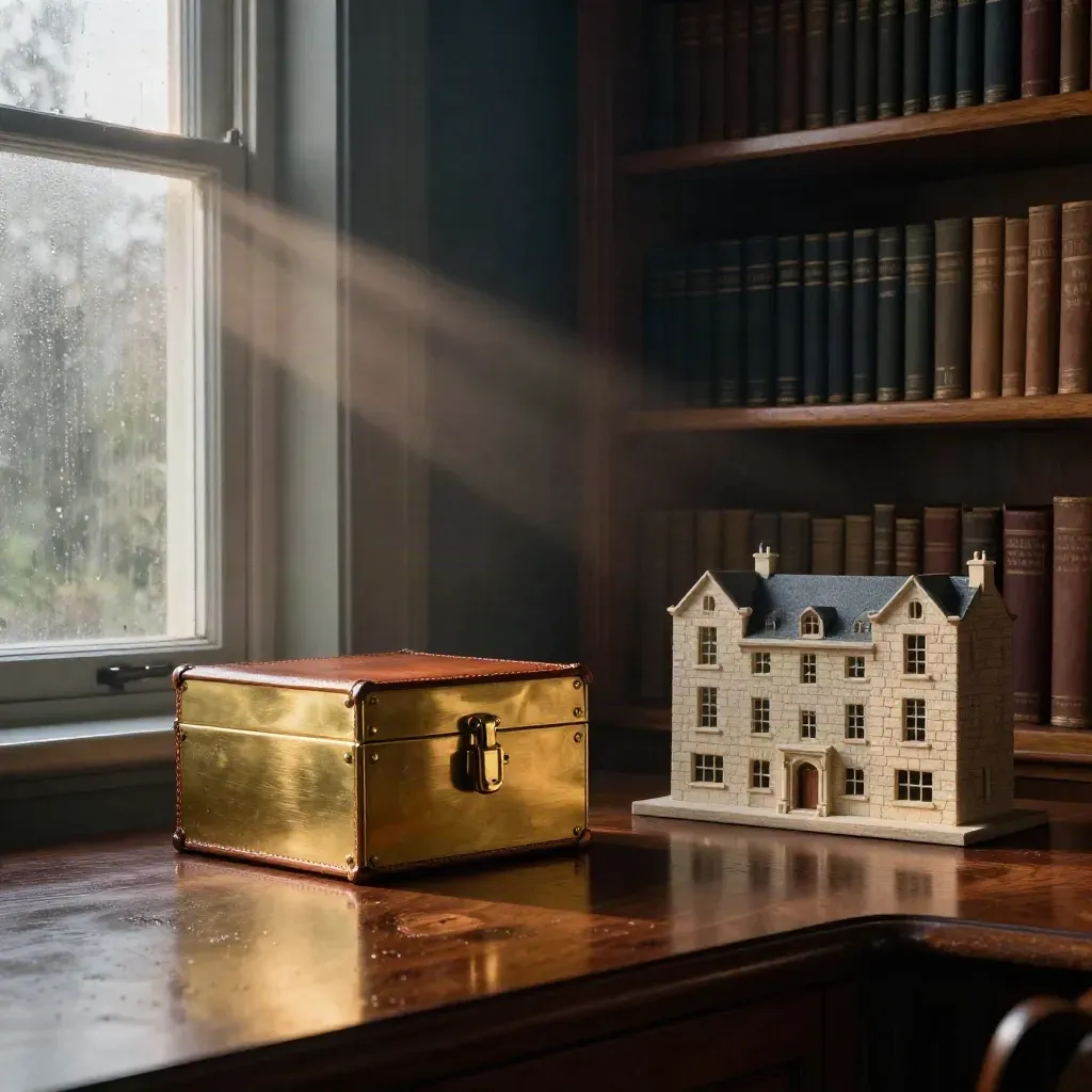 Rain-kissed private-client library corner with leather case, brass lockbox and townhouse model
