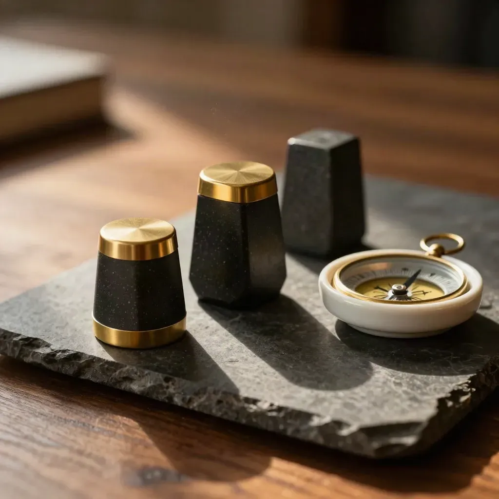 Balanced portfolio stones, brass compass and ceramic dish on dark stone in warm late-afternoon light.