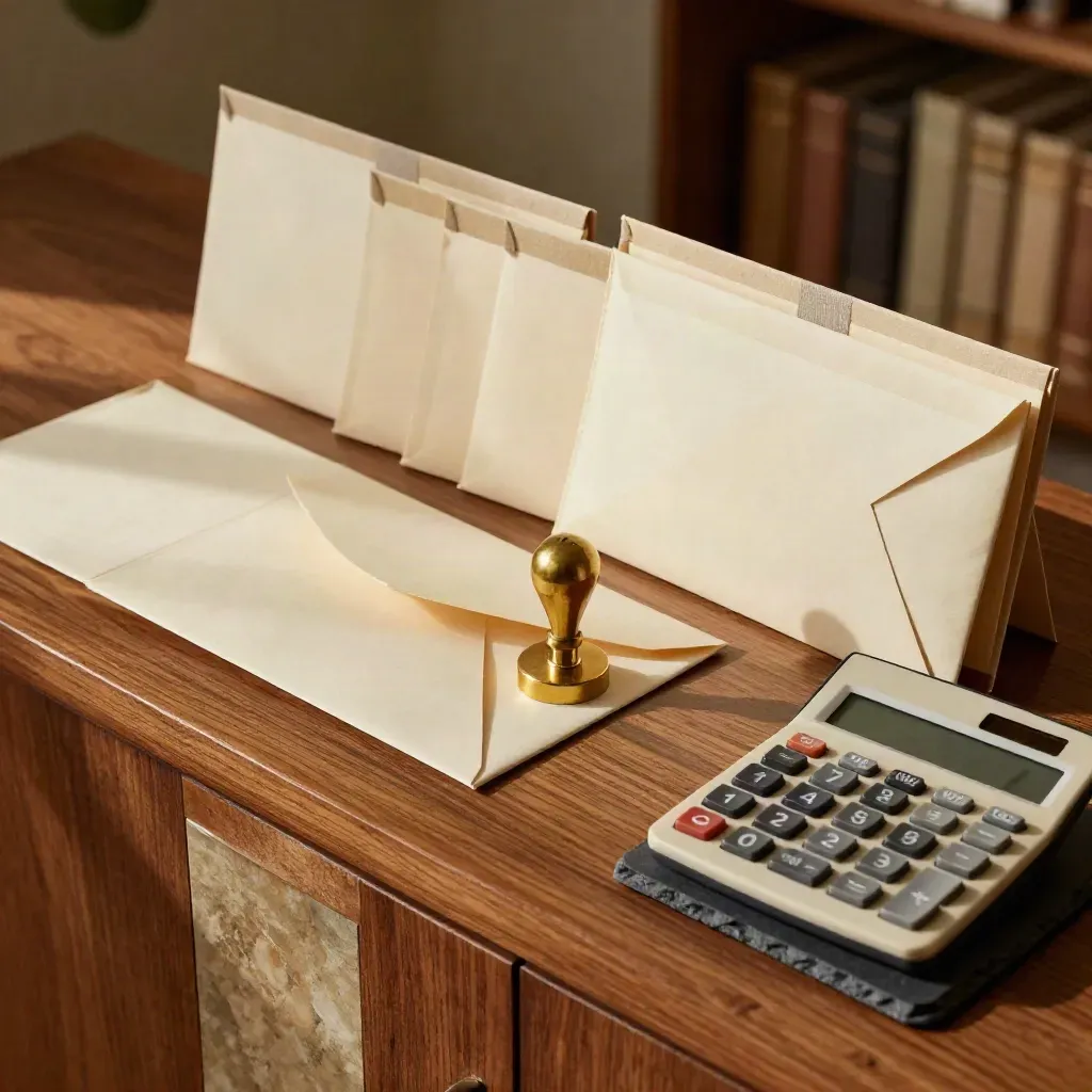 Cream envelopes, brass stamp, calculator and slate tray arranged on a warm walnut surface.