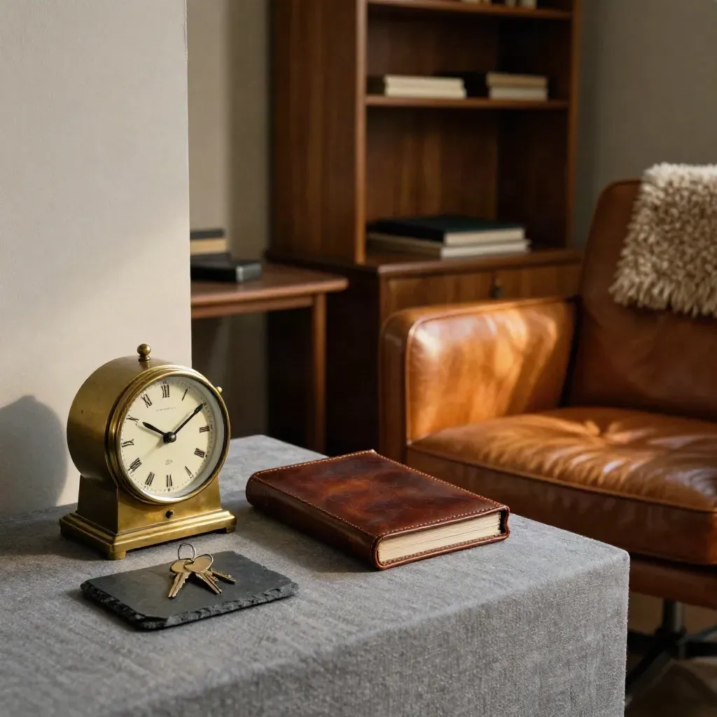 Empty study corner with a brass clock, pension case and keys beside a leather chair.