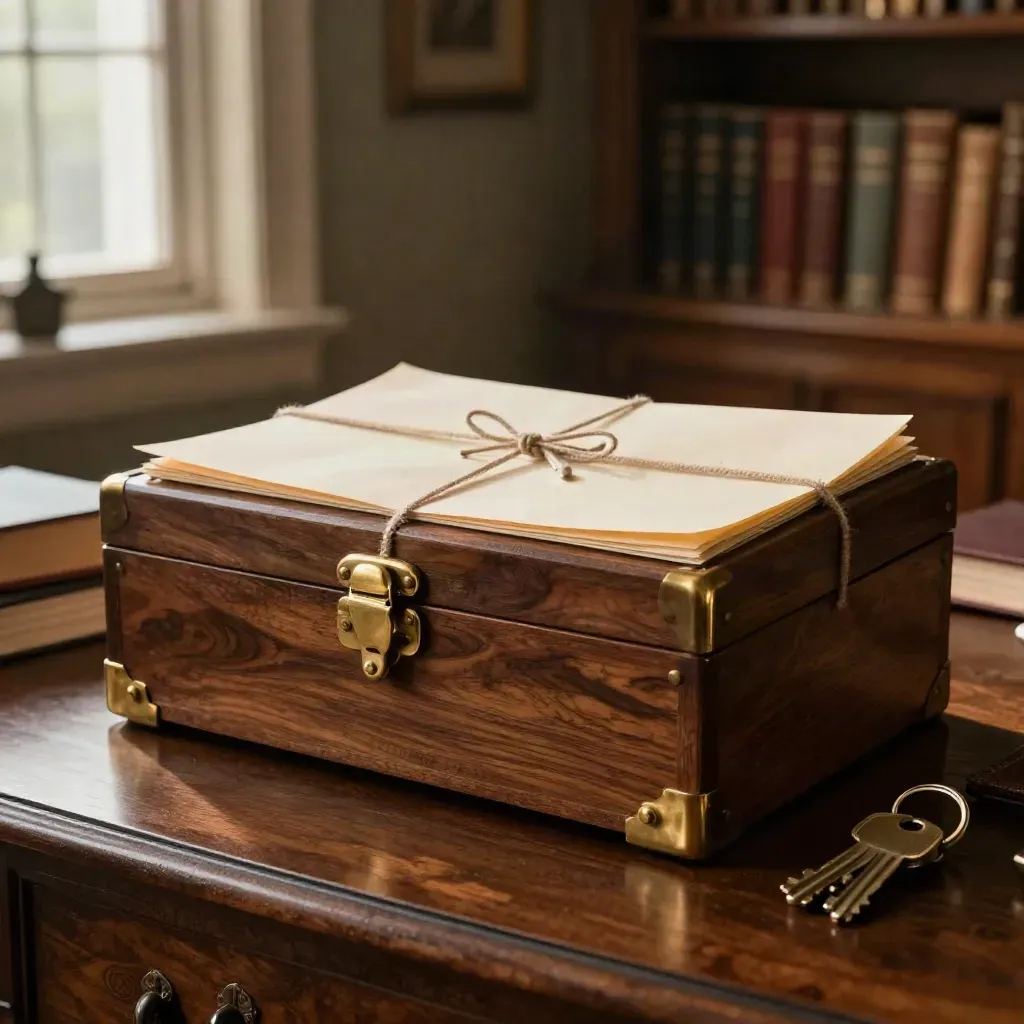 Country-house library still life with heirloom box, sealed folio and keys in warm afternoon light.