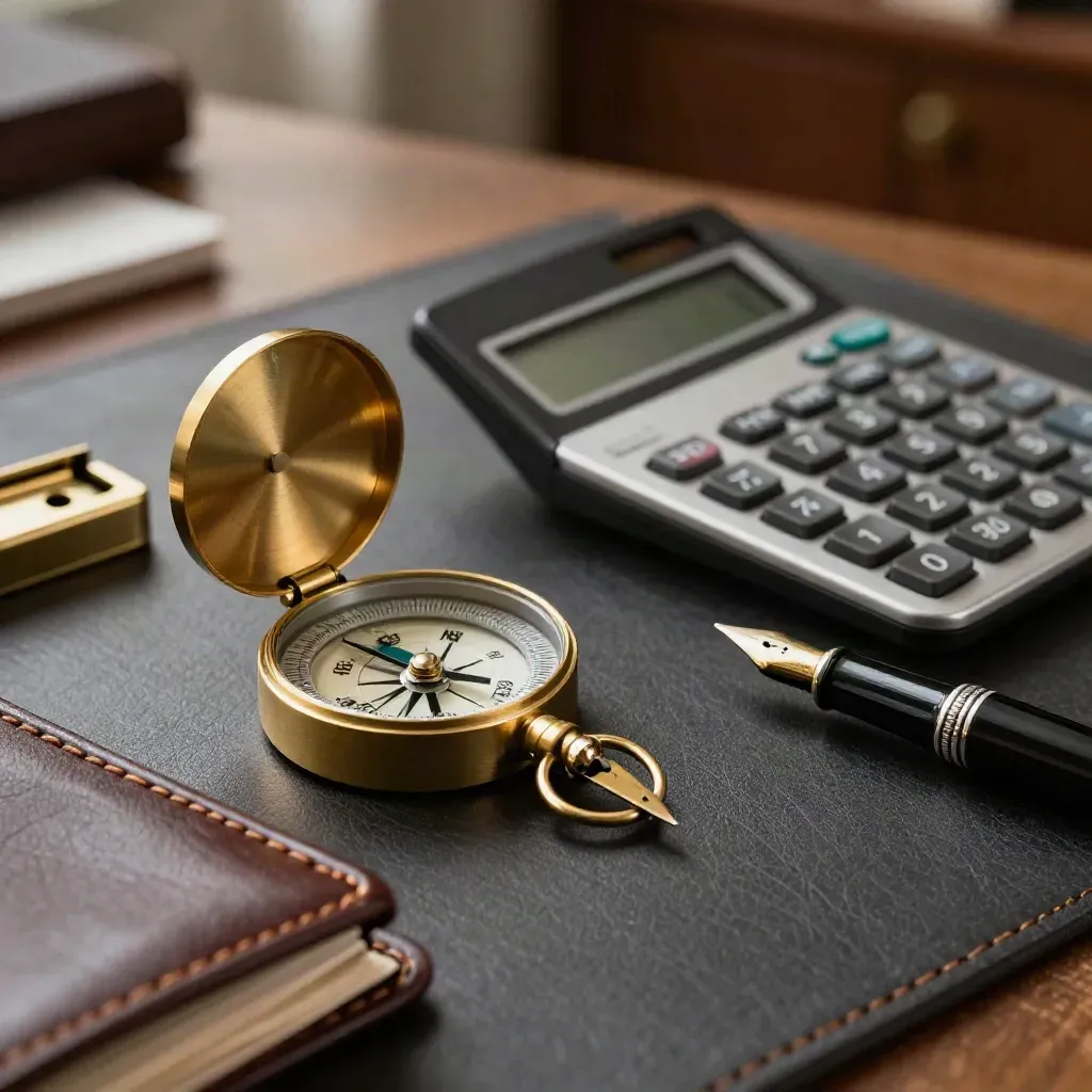 Brass compass, calculator and pen nib on dark leather in a wealth planning workspace.