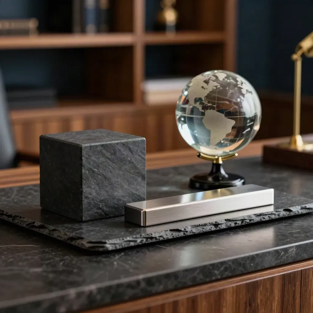 Slate cube, metal portfolio counter and glass globe on black stone in a dark finance still life