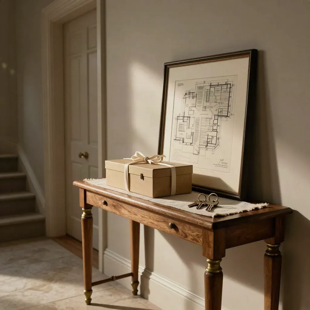 Georgian hallway console with archive box, keys and turned property sketch in evening light
