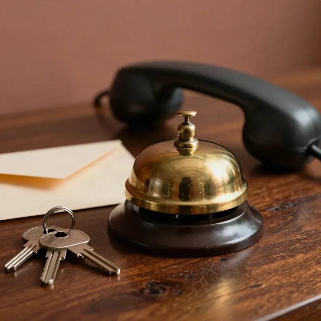 Brass service bell, sealed envelope, keys and phone cradle on oak in warm light