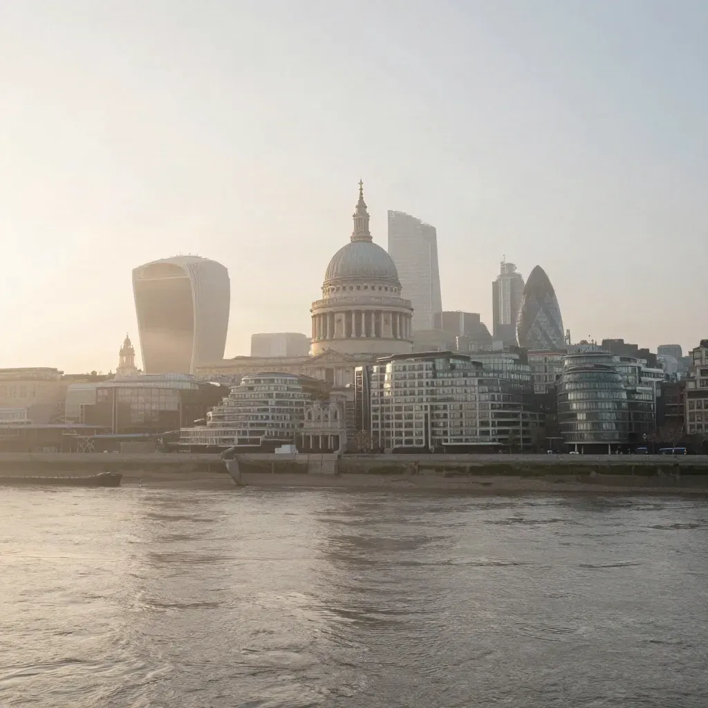 Sunrise haze over the Thames with St Paul’s dome and City rooftops above calm water.