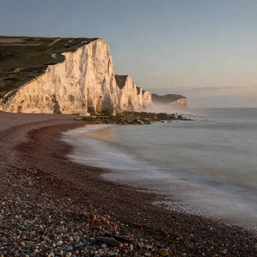 Chalk cliffs and shingle coast at dusk under sea haze in South East England