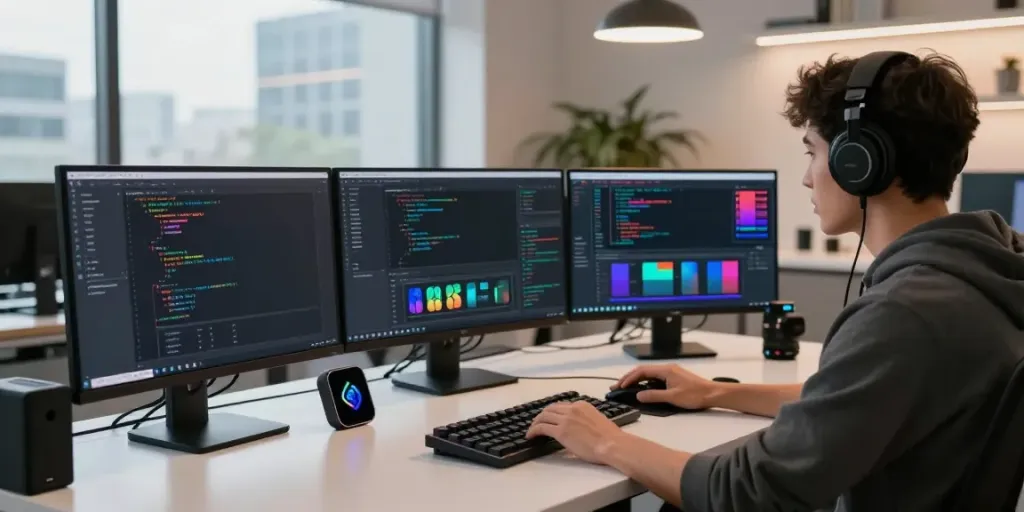 Developer using instant indexing tools in a modern tech workspace with lively screens and coding elements.