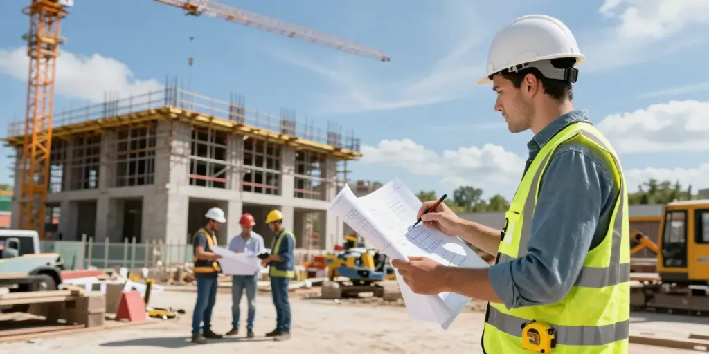 Freelance quantity surveyor reviewing construction plans on-site amidst active building works.